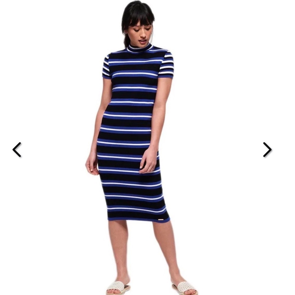 Superdry Ribbed Midi Dress S Blue Black Striped Mock Neck Bodycon Stretch Knit